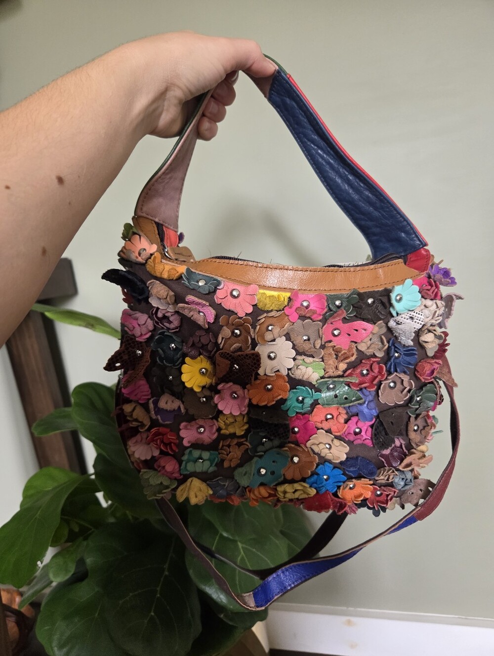 Genuine Leather 3D Flower Applique Hobo Bag Multicolor Boho Floral Crossbody
